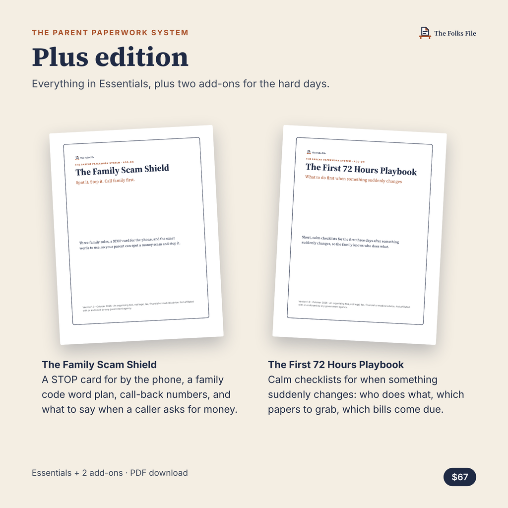 The Plus edition adds The Family Scam Shield and The First 72 Hours Playbook.