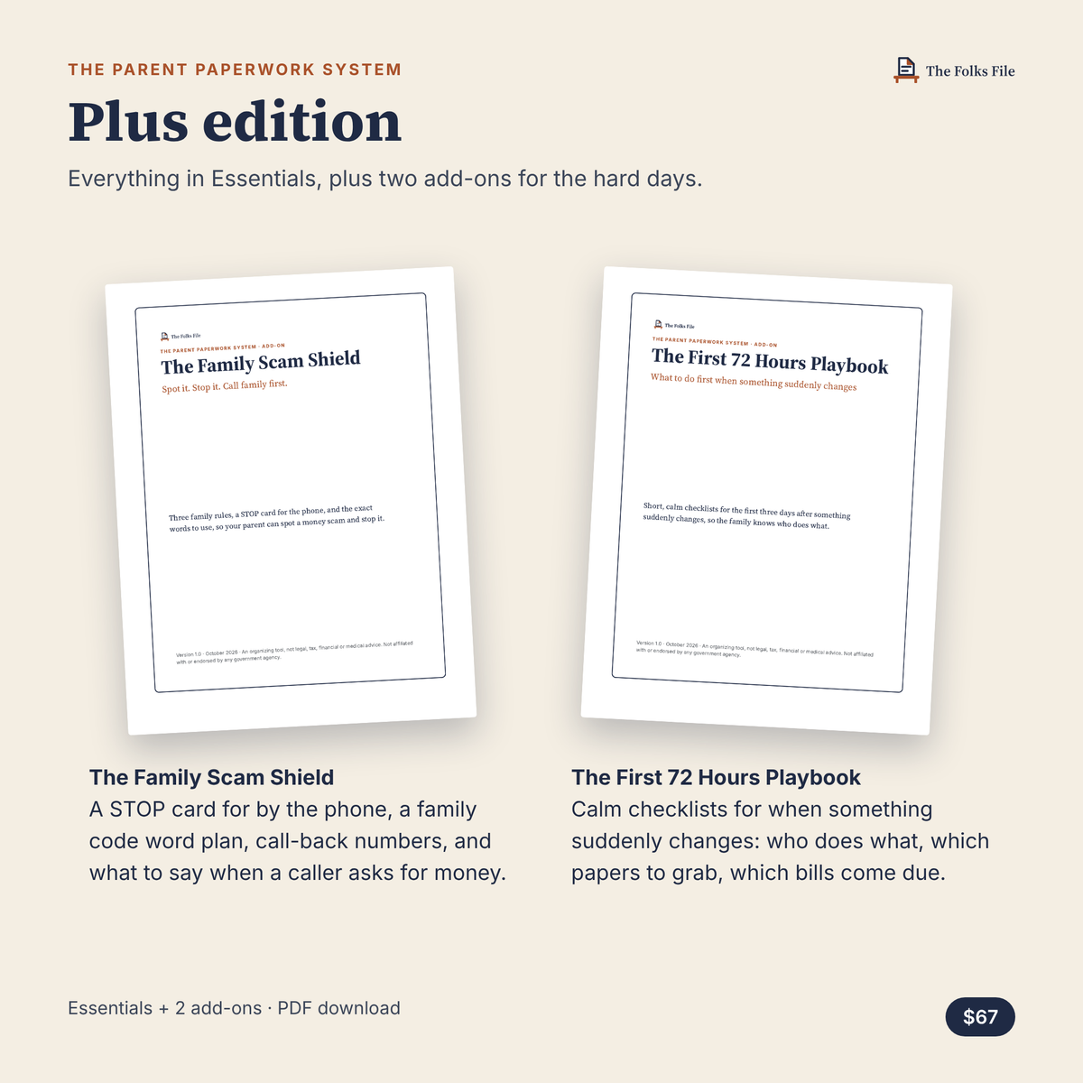 The Plus edition adds The Family Scam Shield and The First 72 Hours Playbook.